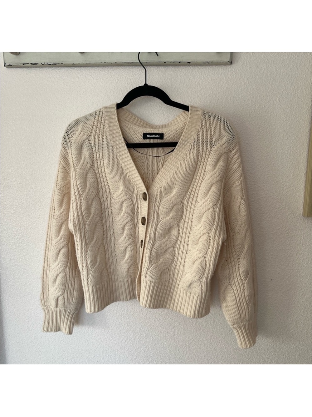 NAADAM Cashmere Ivory Cable-Knit V-Neck Button-Front Cardigan